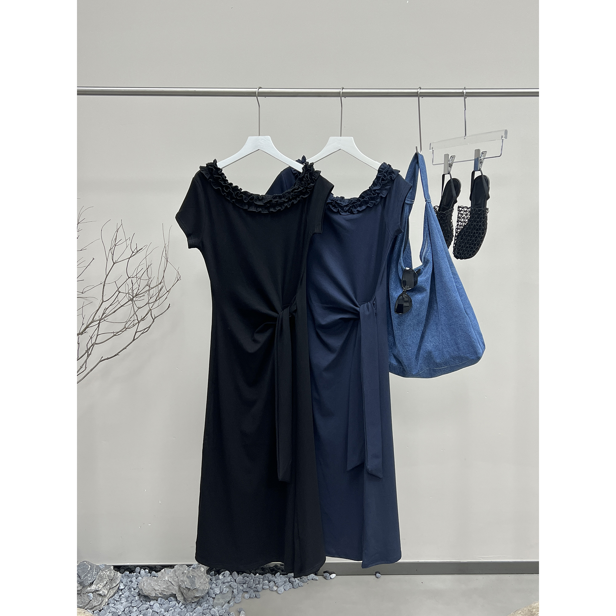 花边领斜肩测绑带连衣裙7138