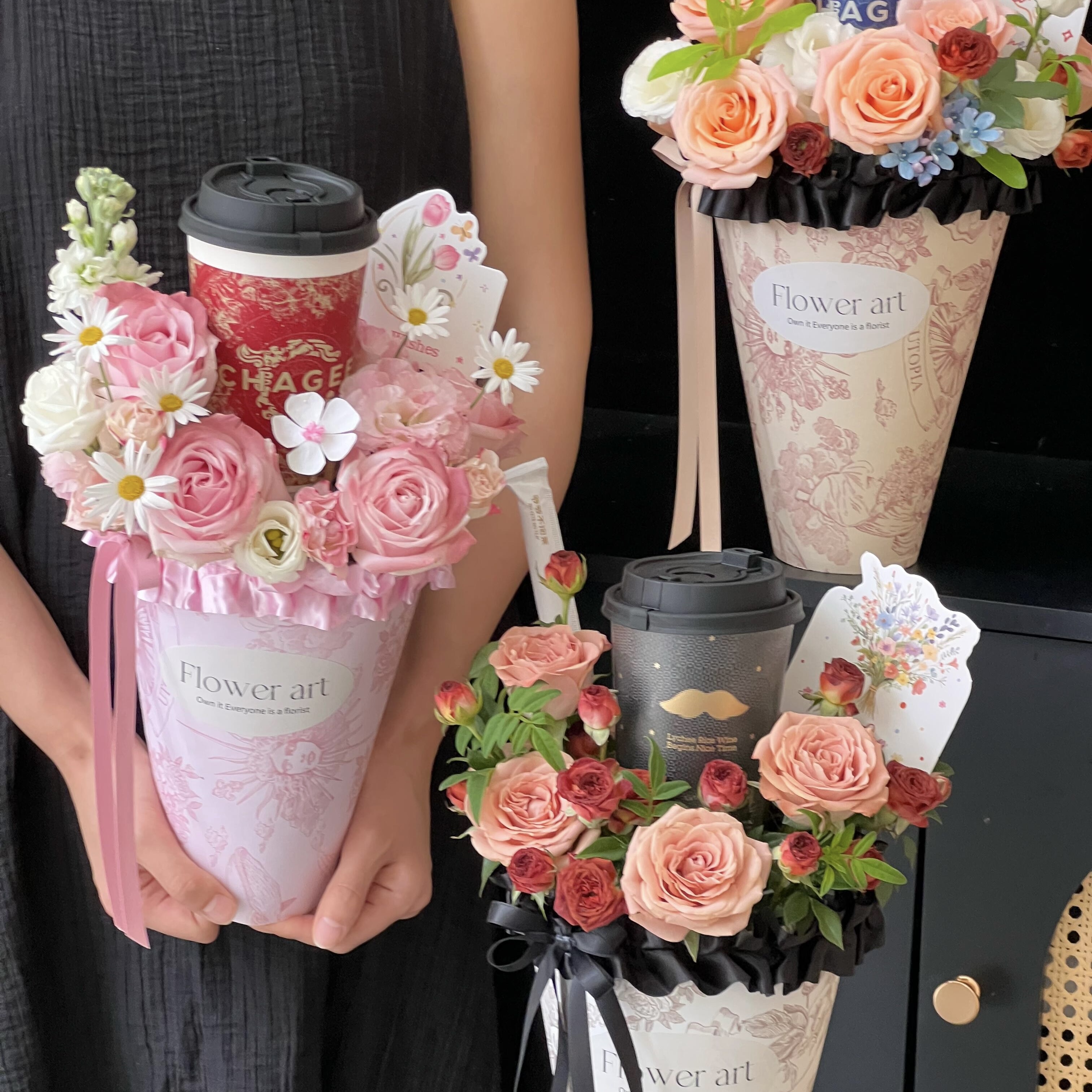 【立秋的第一杯奶茶】玫瑰混搭奶茶鲜花束仪式感惊喜送恋人闺蜜朋友