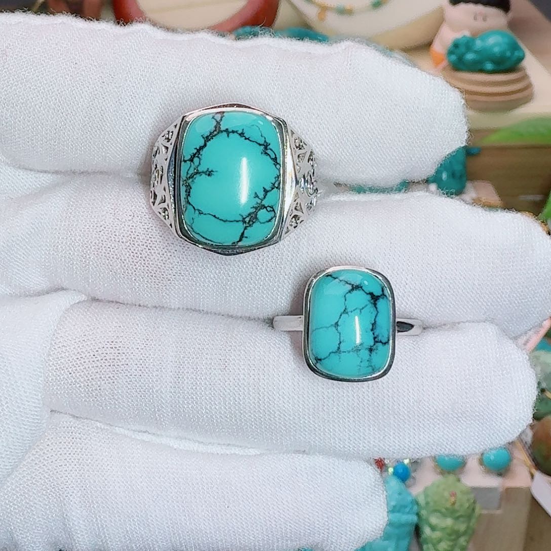 绿松石银S925镶嵌珠宝奇石饱满情侣对戒