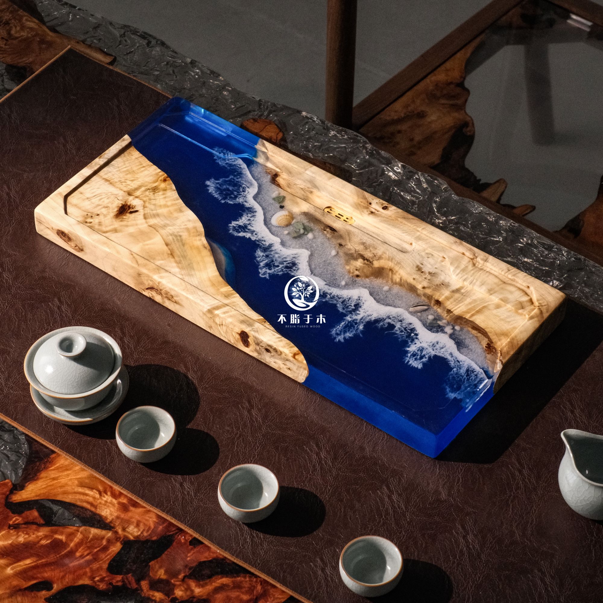 树脂茶盘白杨木55*25高端茶桌茶室泡茶湿泡盘河流现代可定制工厂