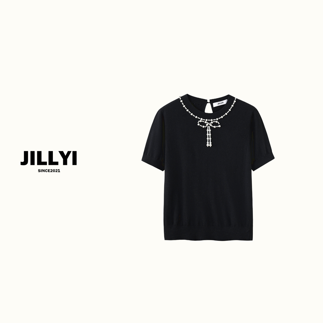 JILLYI珠海店【云朵珍珠】两色针织气质珍珠领短袖时尚百搭夏季