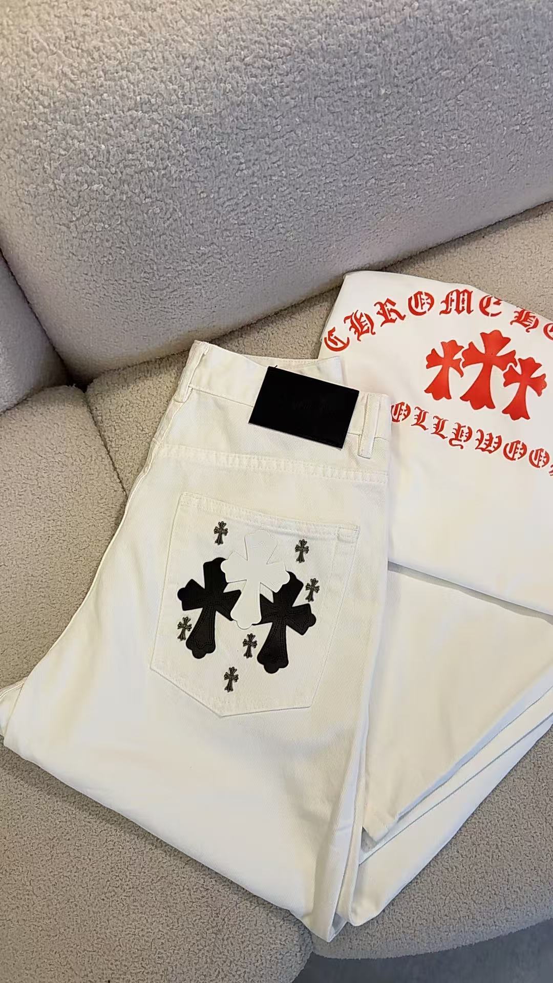 新款小克白色牛仔裤重磅宽松简约潮流时尚休闲百搭白色牛仔裤