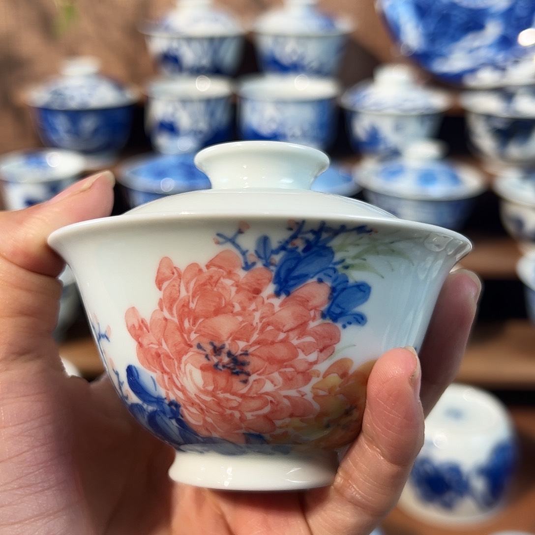 泥藝瓷梦牡丹岩茶盖碗