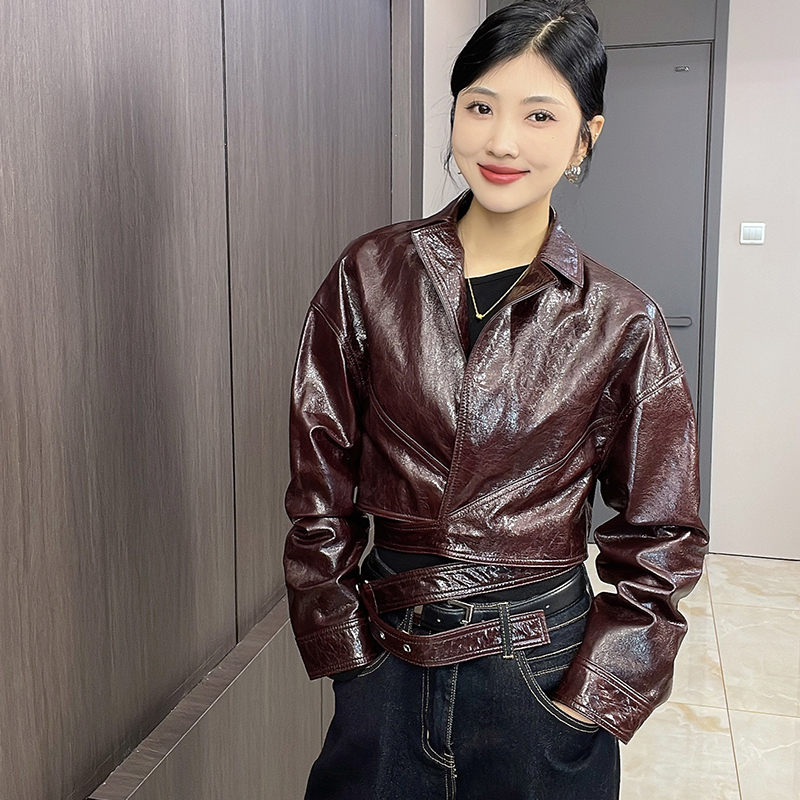 CJJ欧货2025新款真皮皮衣女短款翻领系带油蜡皮C108-2599