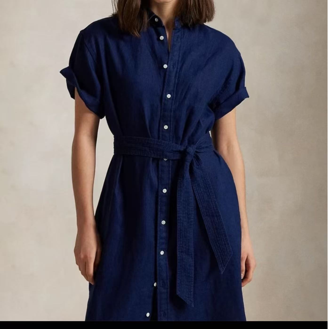 新款短袖衬衫式亚麻连衣裙收腰显瘦气质休闲系带长裙#16