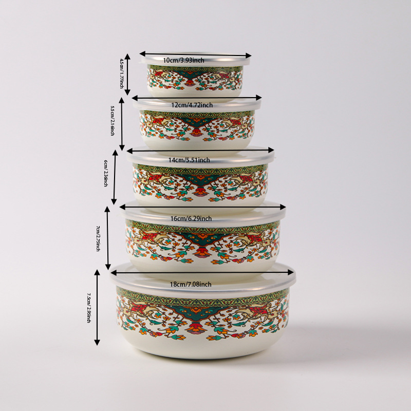 【五件套】保鲜盒搪瓷餐具饭菜保鲜碗套碗俄罗斯花加厚冰碗汤碗