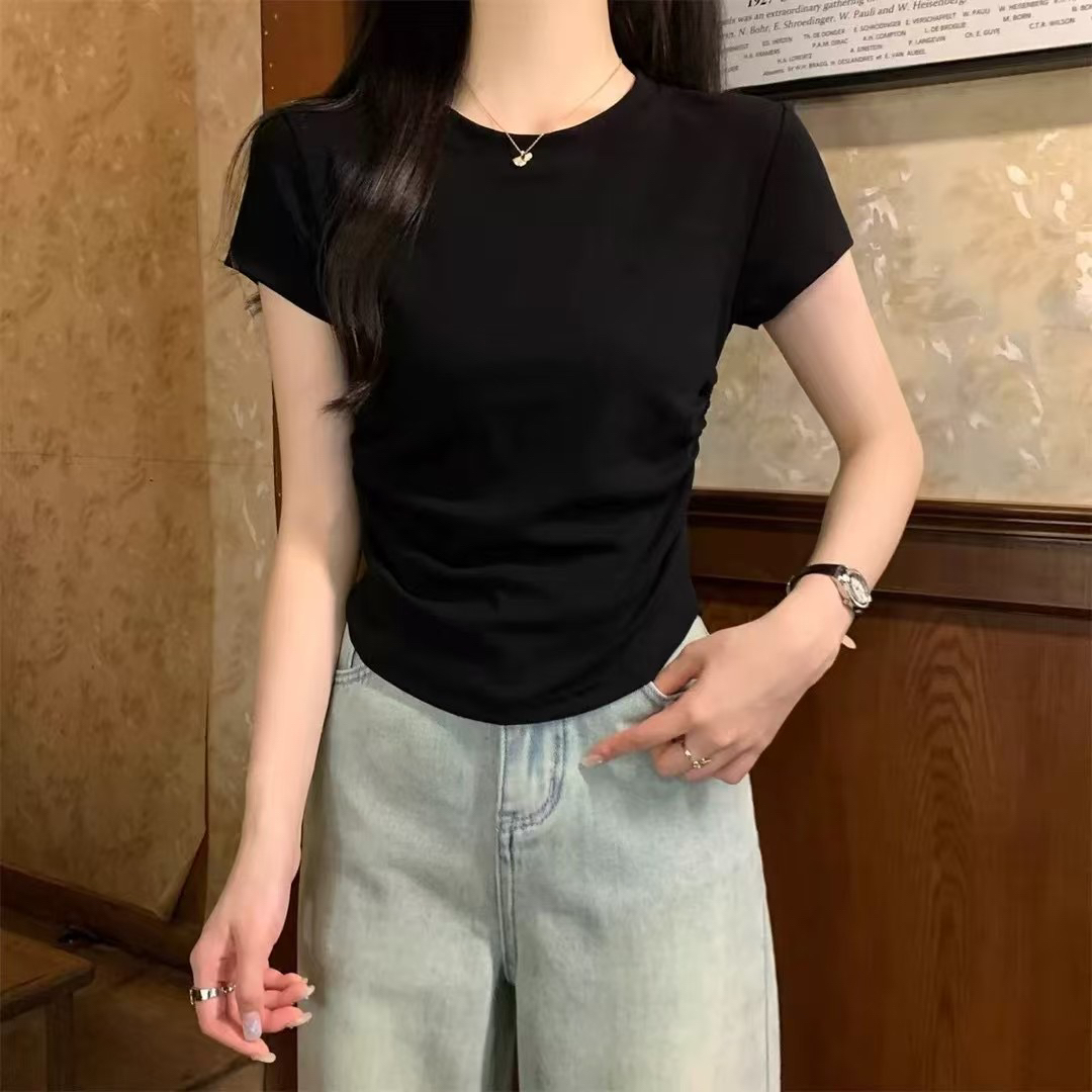 短袖圆领拼接螺纹常规褶皱T恤不规则半袖ins简约修身