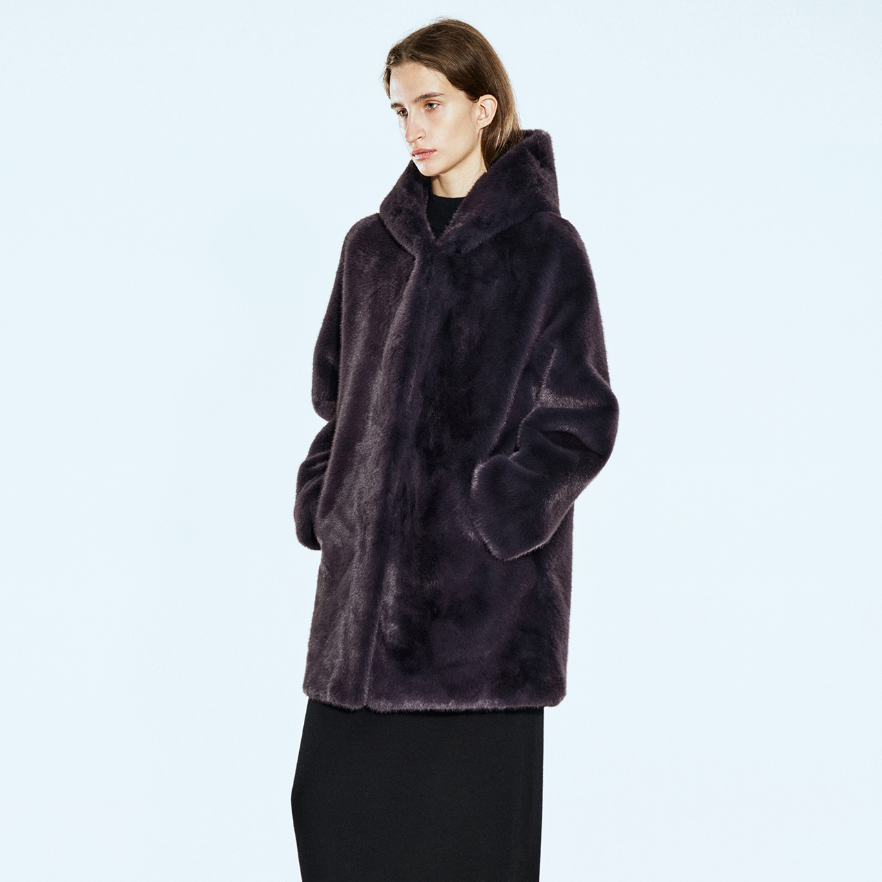 COVERINS2024冬季绛紫色仿貂毛连帽皮草外套CC64510480