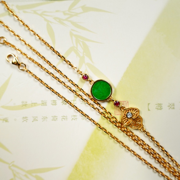【平安圆满】天然缅甸A货翡翠项链S925银镀金圆形可调升级款-0541