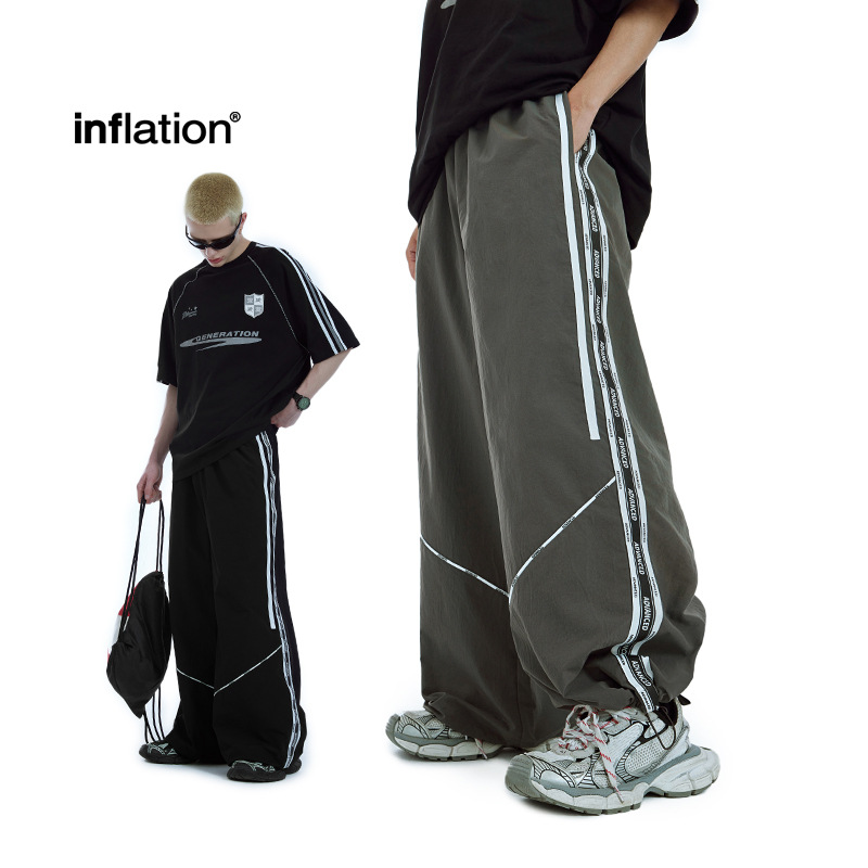 新裁主义|印花拼接阔腿裤美式运动宽松长裤复古慵懒休闲阔腿裤