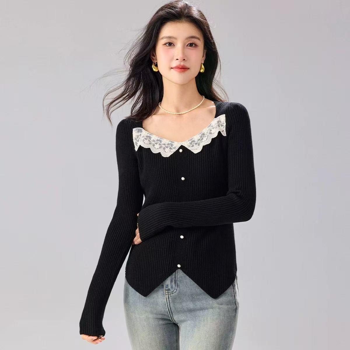 100羊毛 秋冬女士蕾丝打底衫针织衫