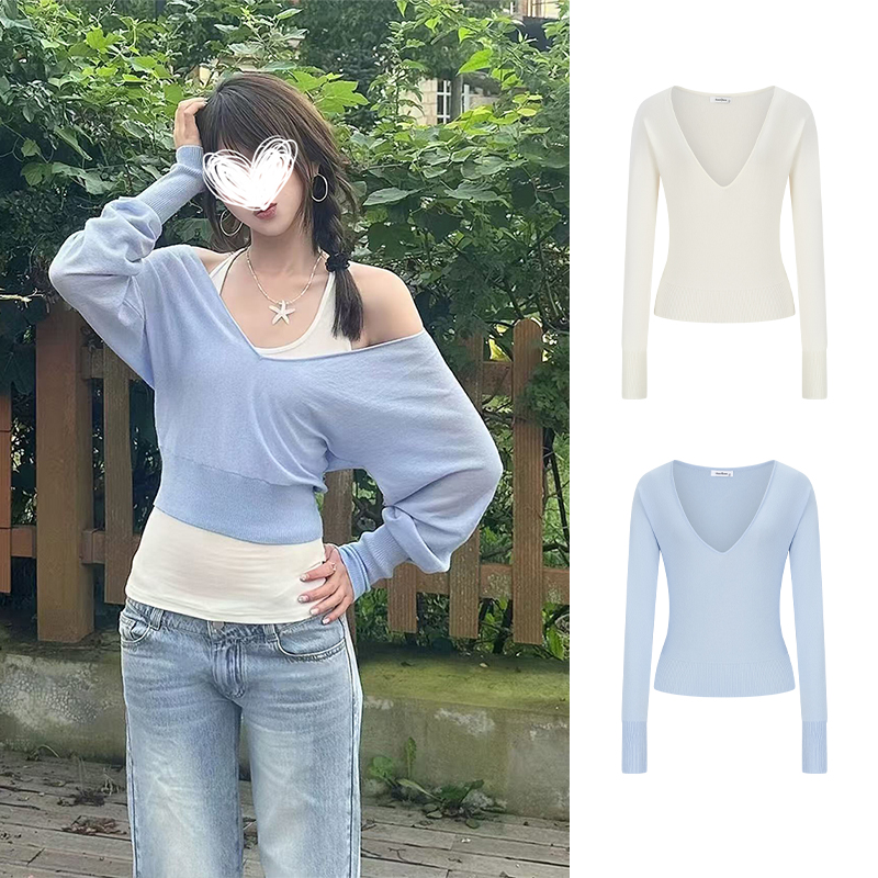 Moses Queen/魔西女王辣妹高腰显瘦长袖外搭蝙蝠袖V领针织衫上衣