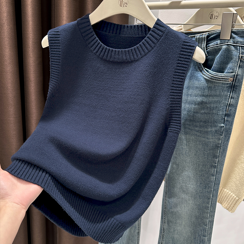 藏蓝色针织韩系叠穿背心女外穿日常通勤穿搭上衣圆领套头毛衣无袖