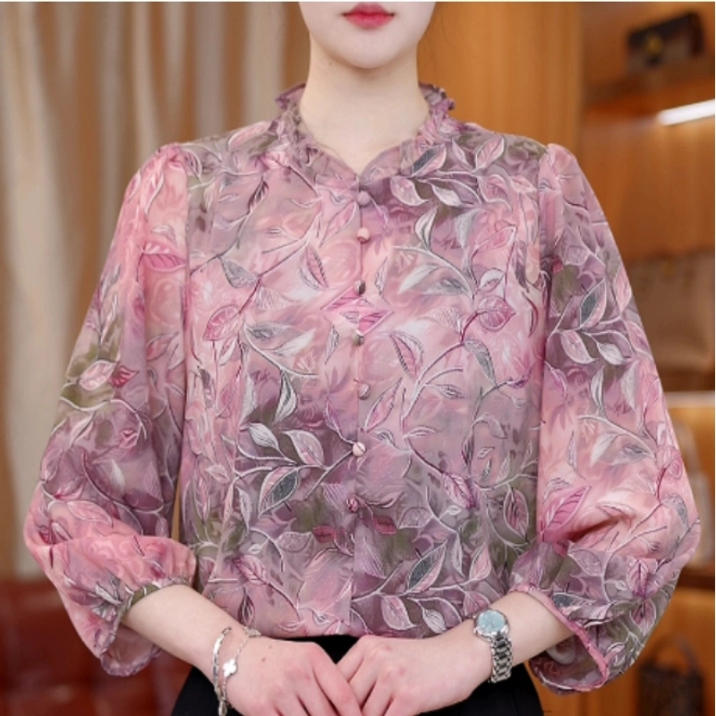 XX-2025早春新款气质显瘦粉色树叶新中式七分袖上衣F51F32189