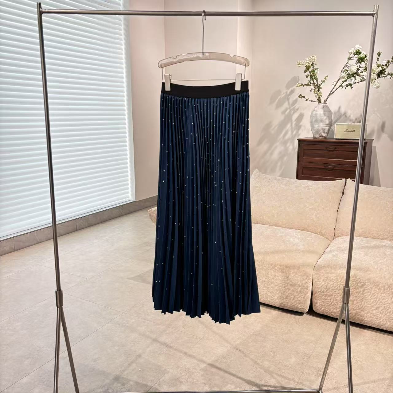 【特价】CBQ4485 法国客人订单 镶钻钉珠烫钻松紧腰百褶裙半身裙