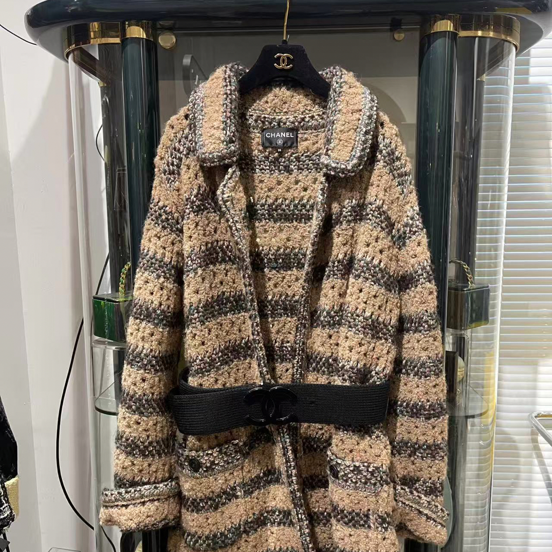 95新 Chanel/香奈儿 17B 秋冬预告 翻领条纹毛衣外套38码