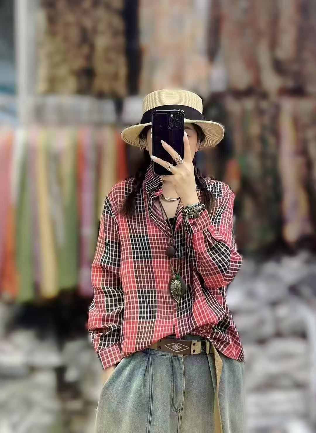 2580春季新款文艺风渐变拼色小方格气质百搭休闲衬衫