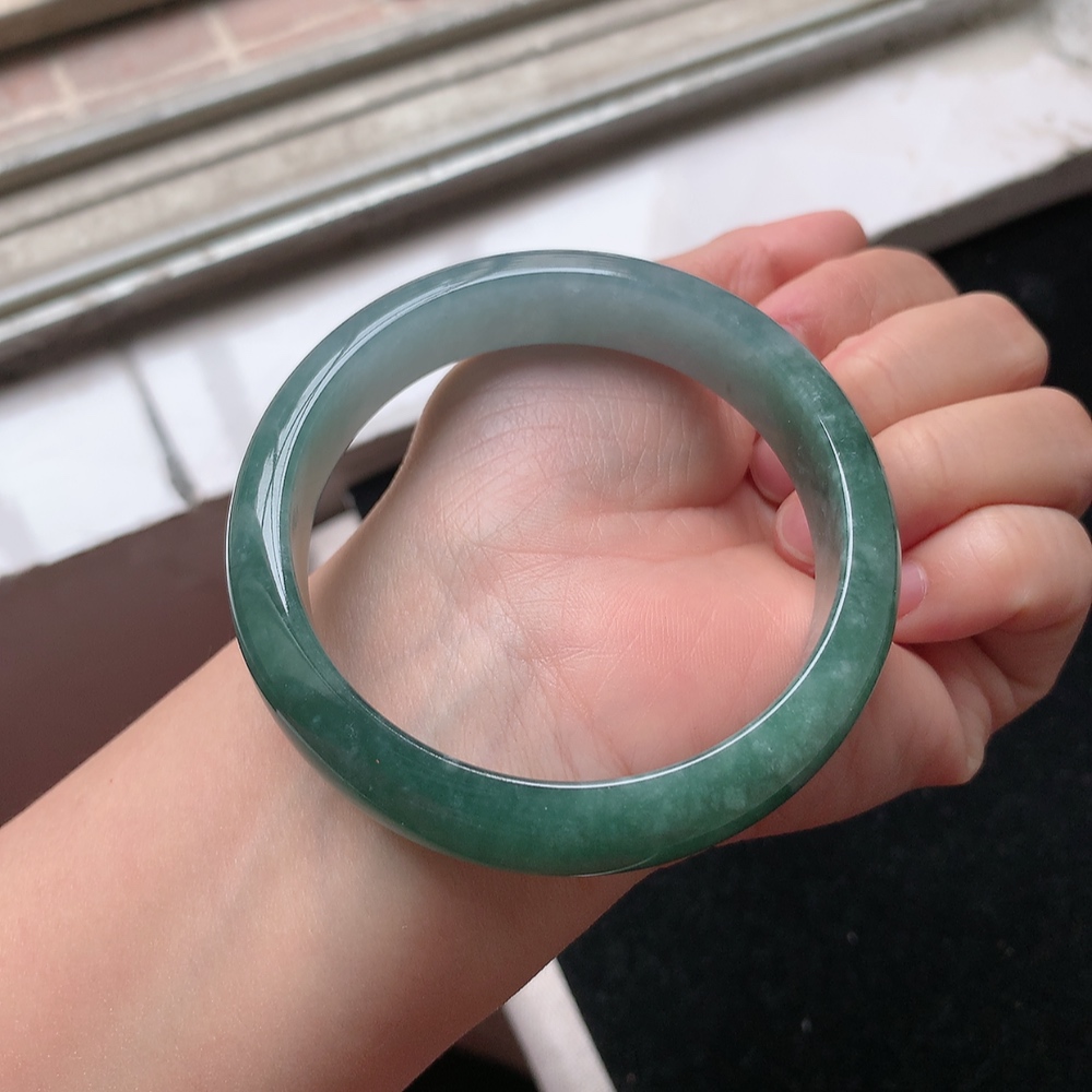 1594号 缅甸天然A货翡翠手镯58圈口半山水宽边正装手镯