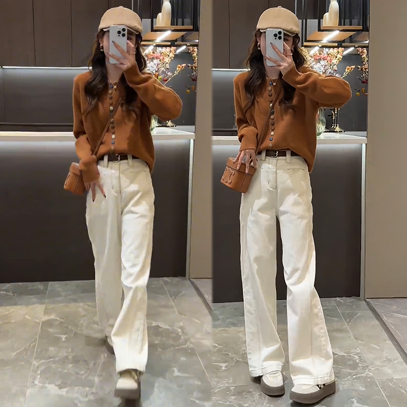 韩系休闲通勤套装女2025春秋装新款长袖针织毛衣牛仔阔腿裤两件套