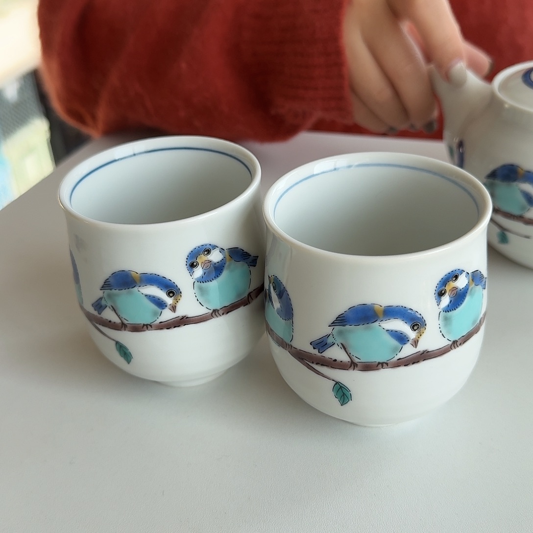 瓷片九谷烧山雀汤杯2只