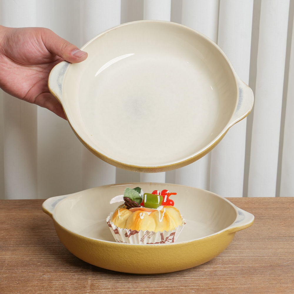 深盘釉下彩陶瓷盘子家用窑变米白黄底双耳高颜值家用汤菜盘G1B