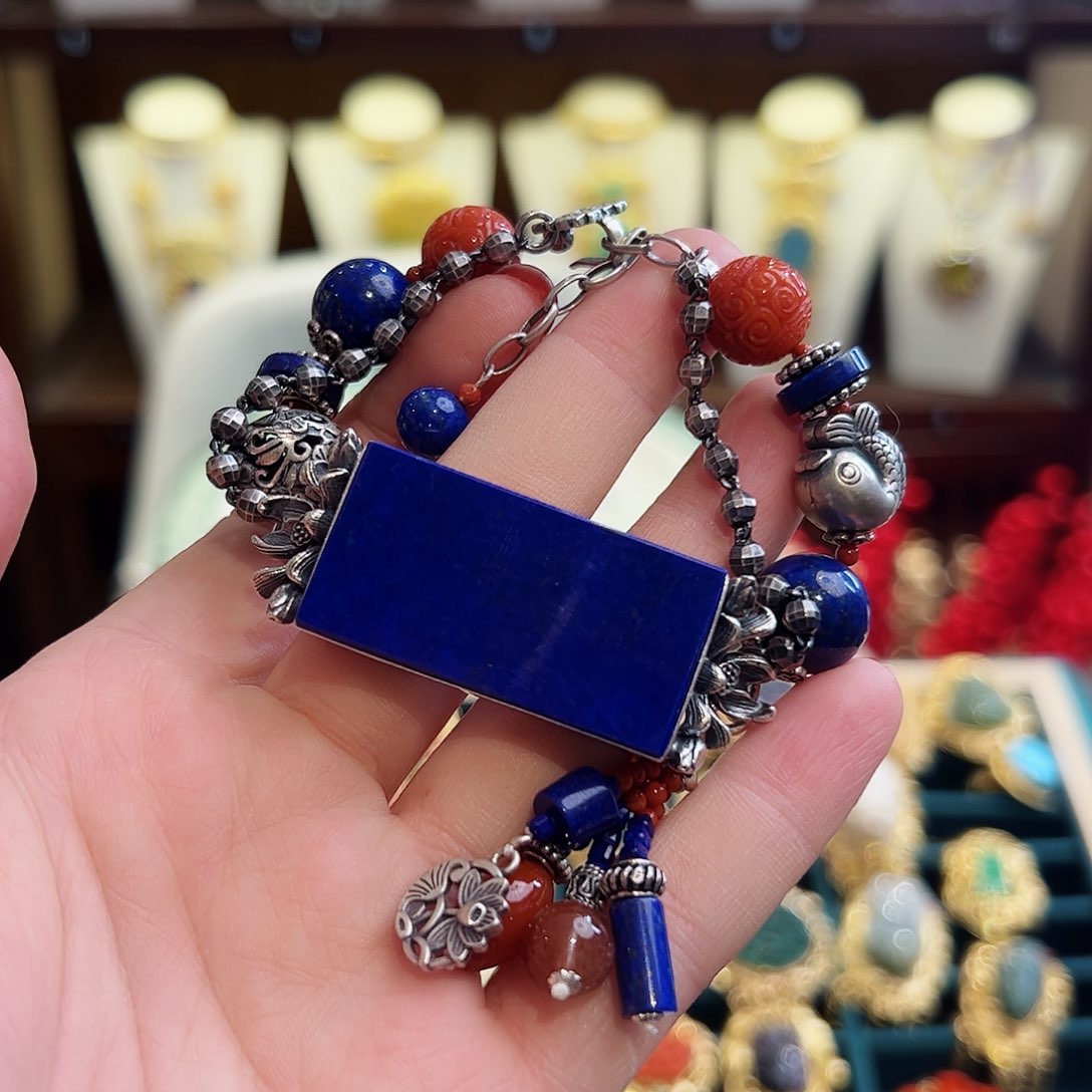 青金石手链银S925镶嵌手链