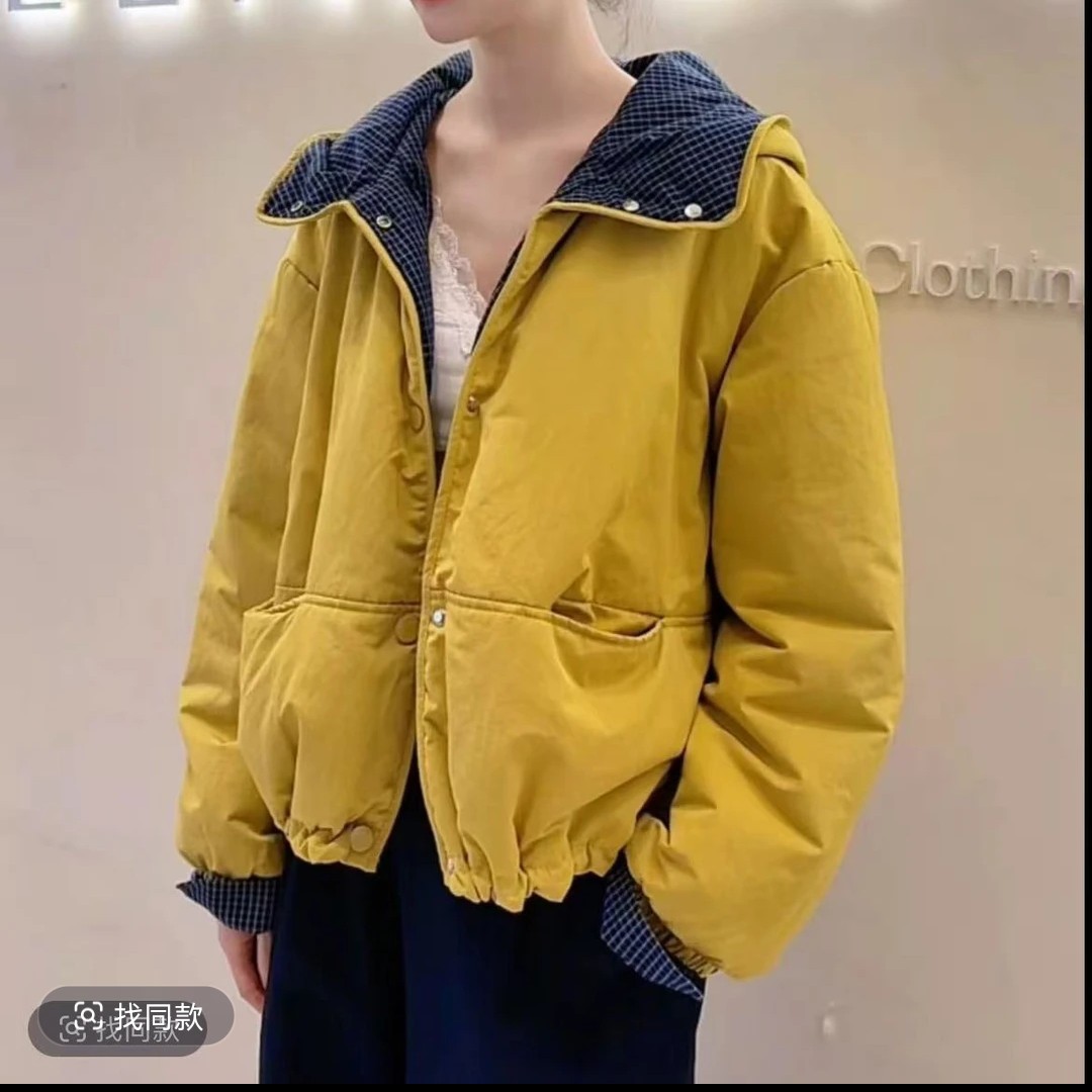 秋冬短款连帽格子拼接棉外套宽松显瘦休闲百搭女装2025新款加胖