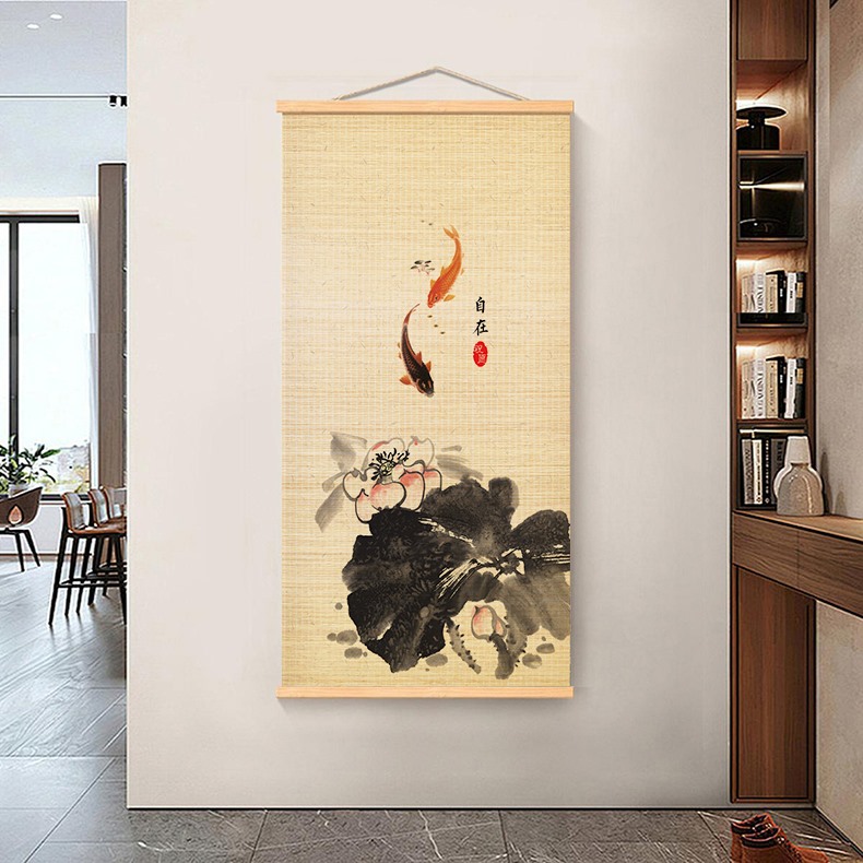 锦鲤荷花中式竹帘挂画茶室客厅书房竖版竹艺装饰画玄关禅画办公室