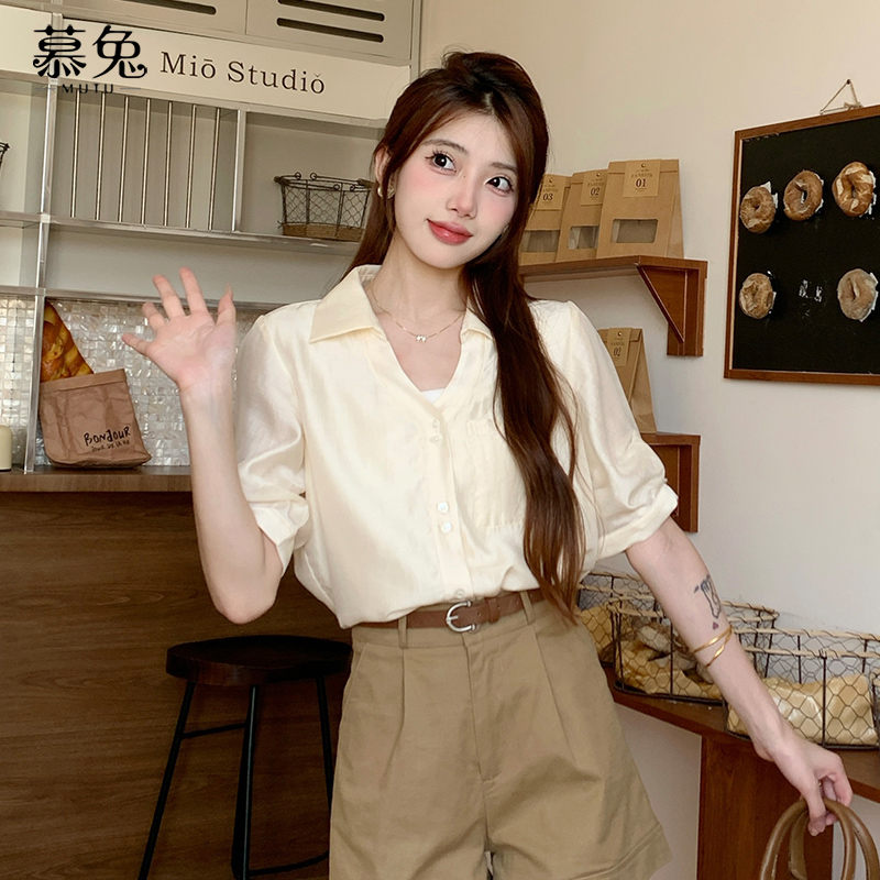 【粉丝专属】19785法式气质v领短袖衬衫女夏高级感修身五分袖上衣