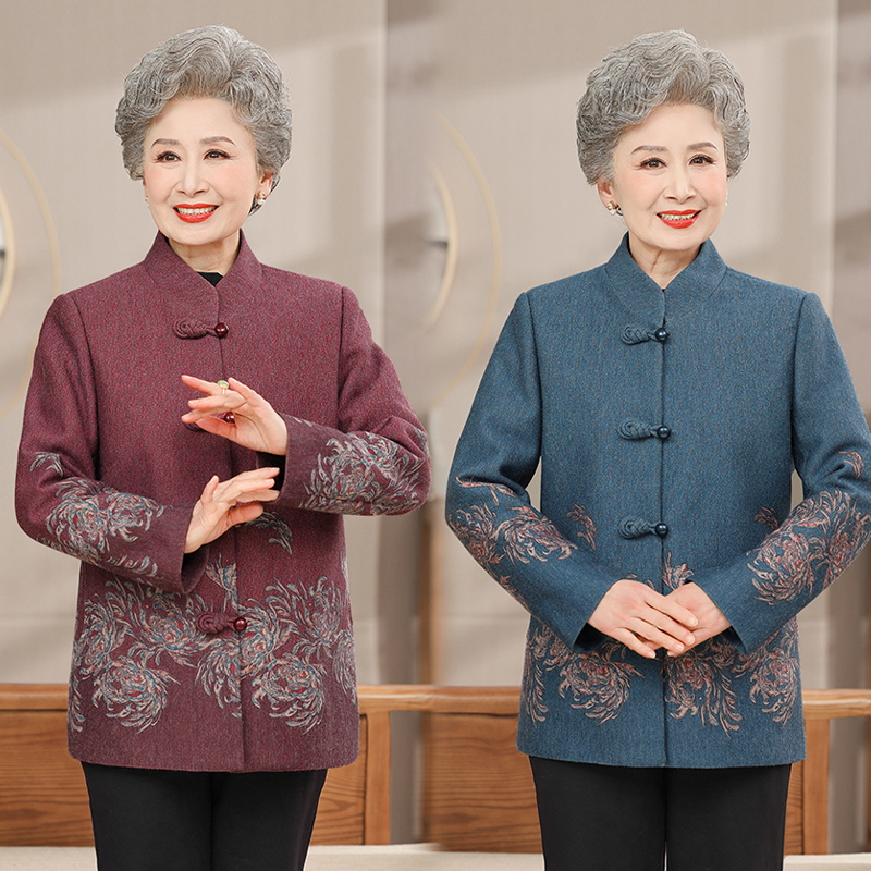 碎花翻领修身型中老年女装秋装长袖包臀裙民族风中式