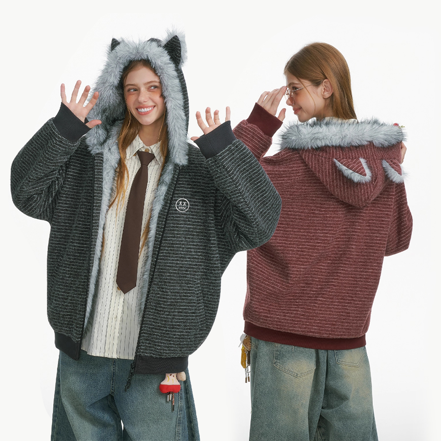 小恶魔美式耳朵毛领条纹连帽开衫卫衣男女潮牌加厚保暖上衣外套