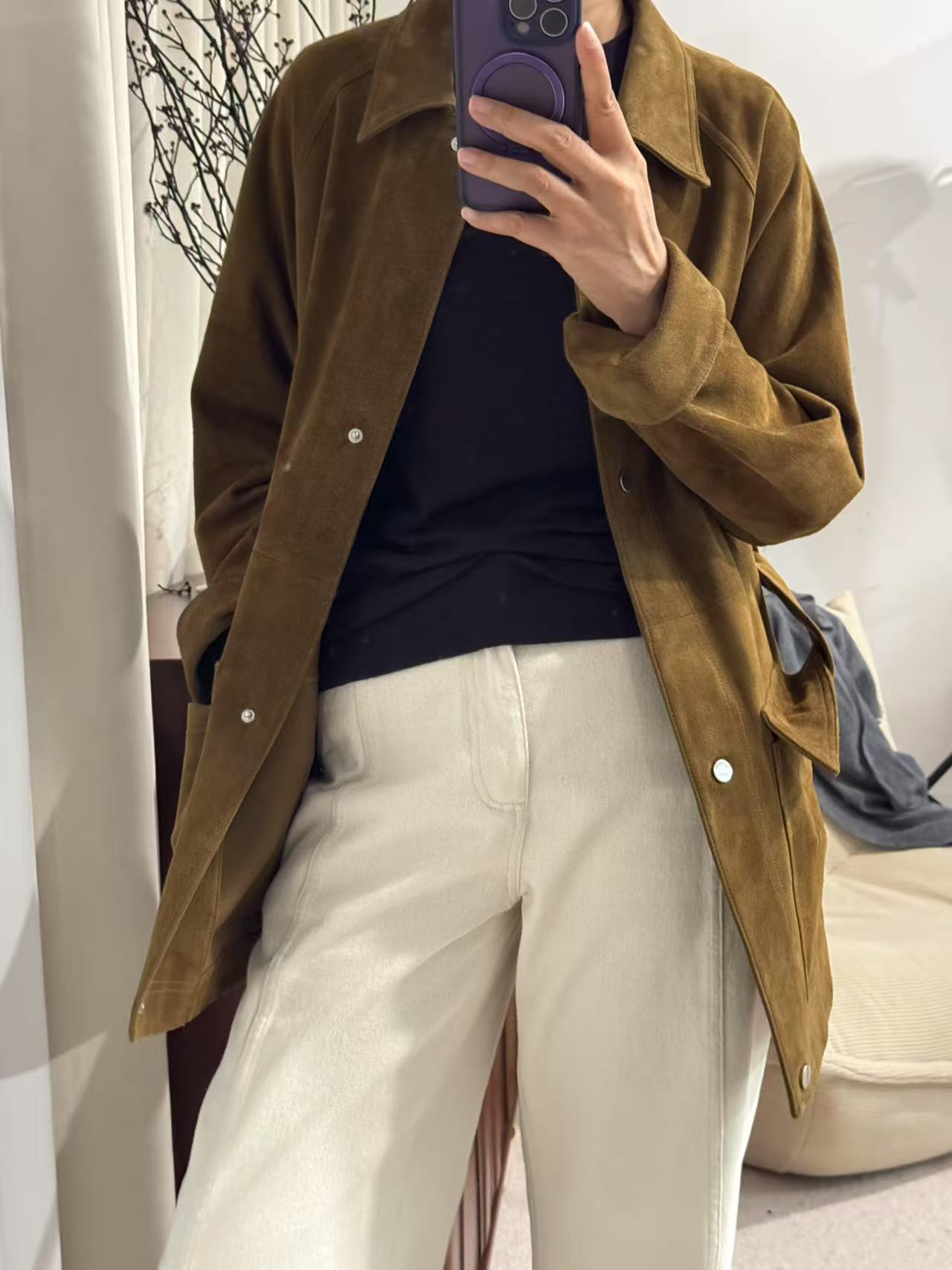 【羊皮】百搭复古皮衣大衣翻领标准女装 高端羊皮真皮夹克外套女F33