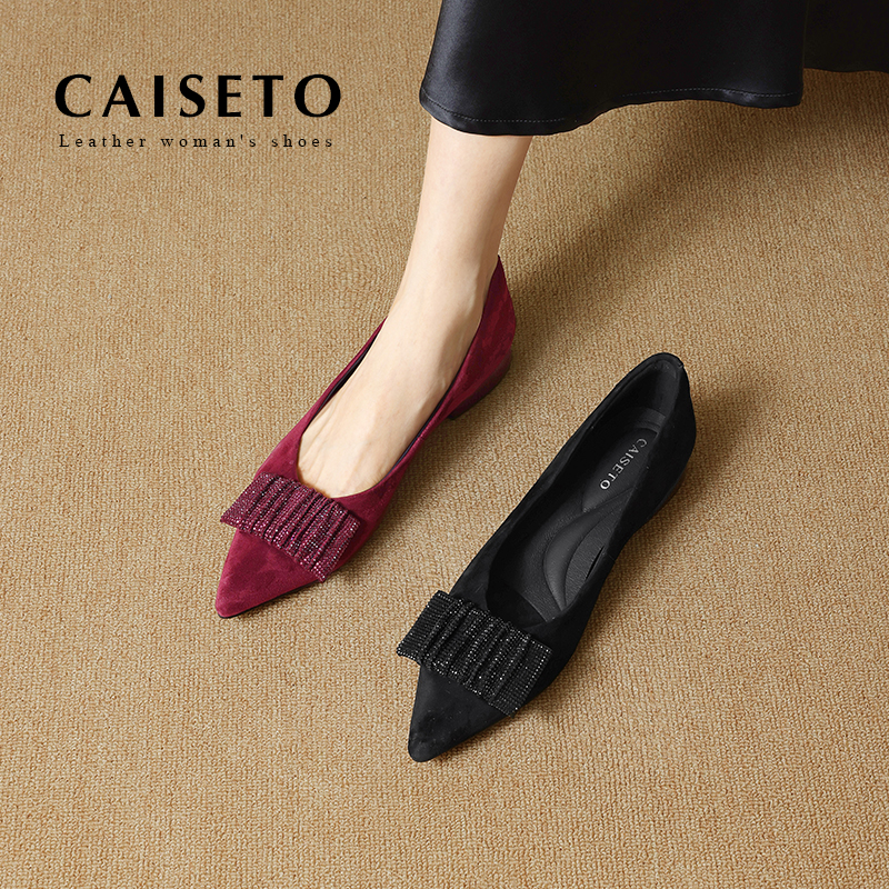 【红色】羊皮/2CM法式淑女通勤气质搭扣时尚软底尖头跟鞋25D473