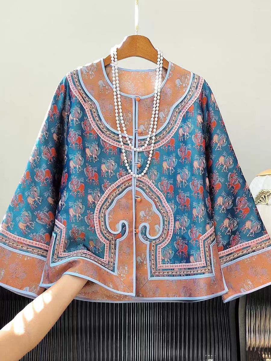 高级感真丝宋锦新中式国风外套女原创秋季新款休闲宽松盘扣上衣潮