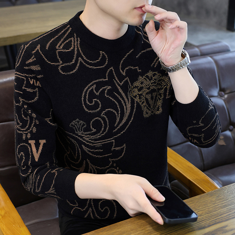 男士针织烫钻冬季潮流提花圆领毛衣针织衫韩版长袖修身保暖打底衫