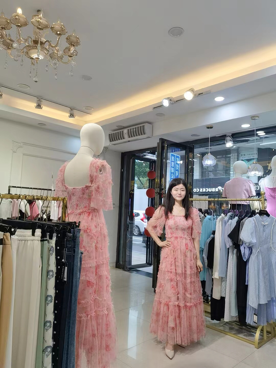 法式夏季新款碎花粉色方领连衣裙初恋碎花甜美连衣裙小清新公主裙