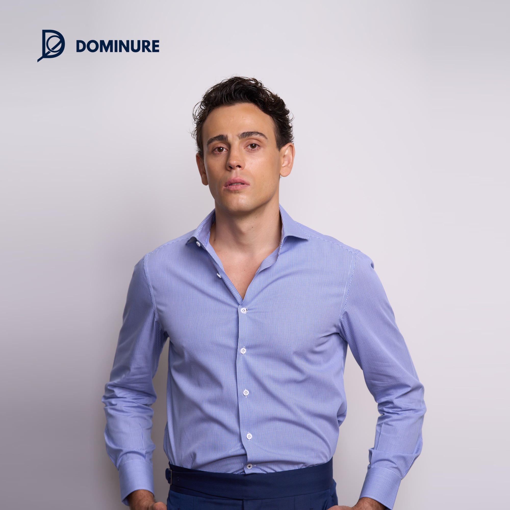 Dominure商务休闲蓝细格纹抗皱免烫衬衫