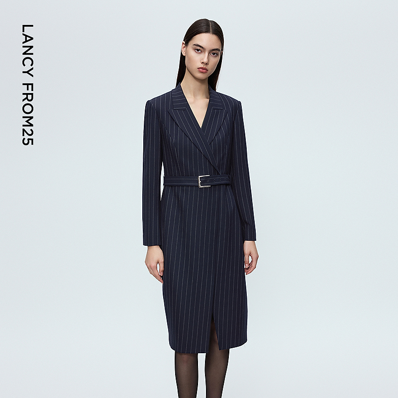 朗姿时尚高智感西装连衣裙女条纹绵羊毛高级裙子女2025年冬季新款