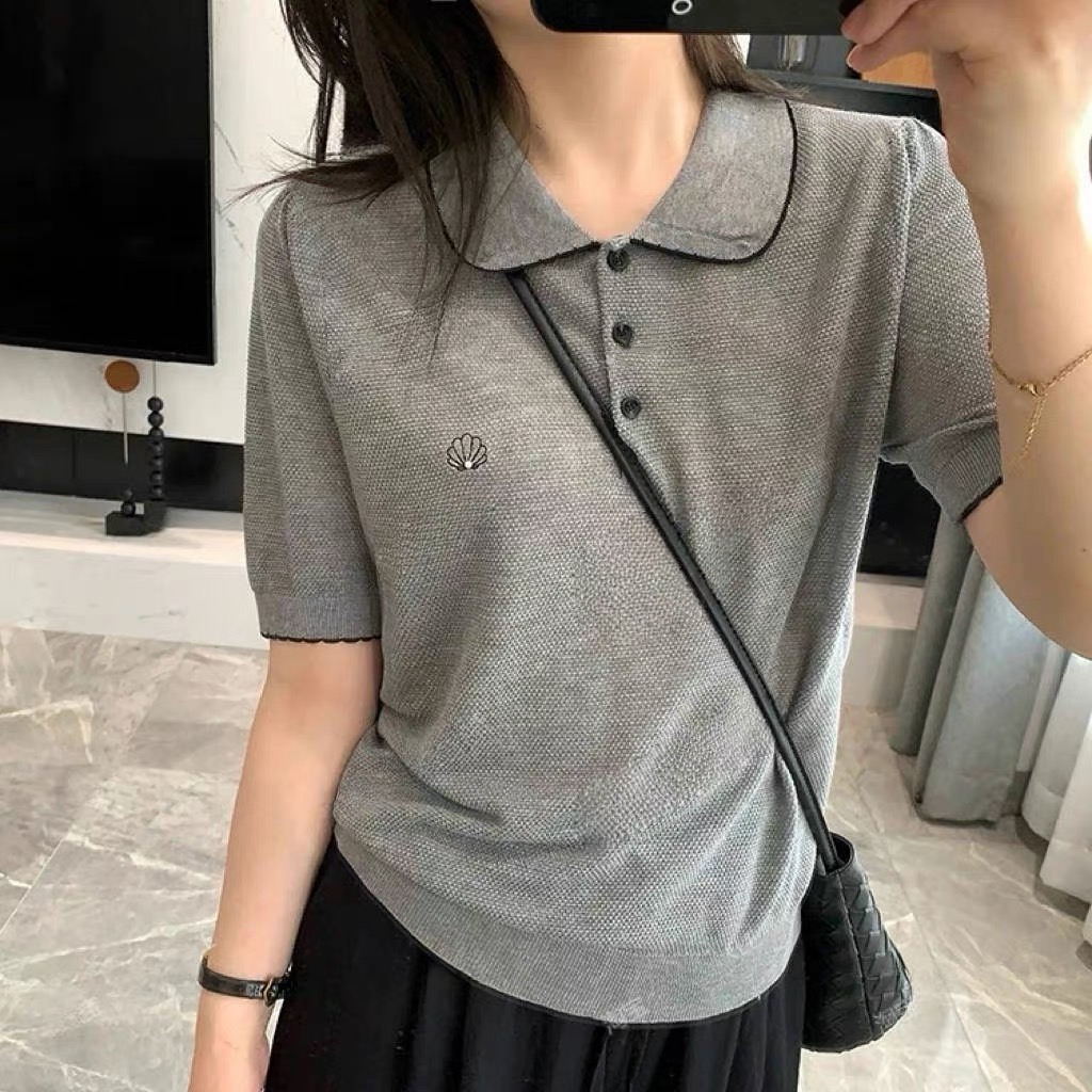 七言100%莱赛尔#翻领贝壳刺绣撞色短袖8