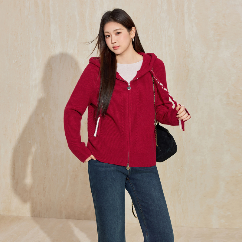 蓝语大码女装新年红色连帽软糯针织衫冬季新款双拉链内搭外穿毛衣