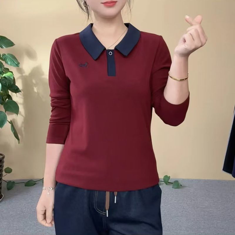 秋季妈妈装减龄长袖宽松翻领大码T恤女装打底衫气质时尚纯色洋气