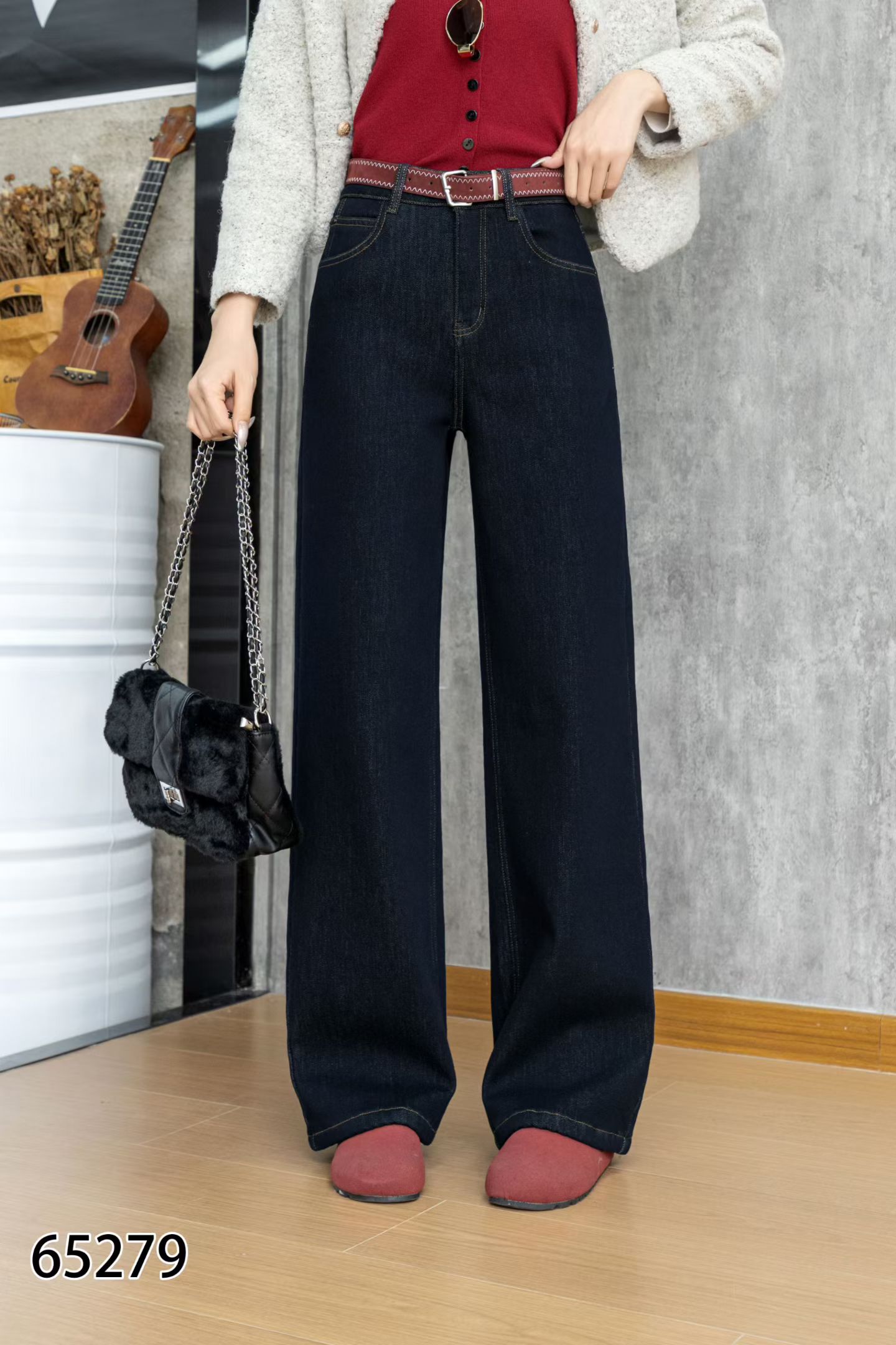 <XYG>65279加绒高腰直筒阔腿牛仔裤