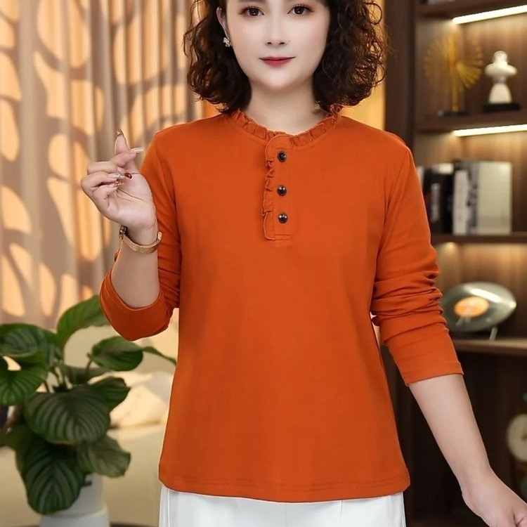 棉长袖t恤女宽松上衣2025秋季新款中老年妈妈装休闲洋气打底衫