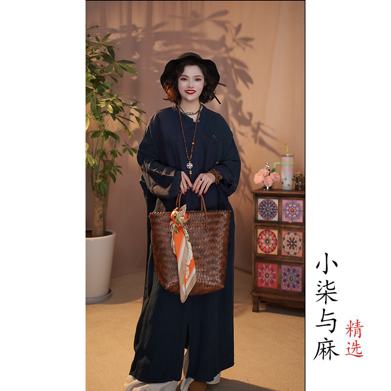 【小柒与麻】亚麻扎染假两件裙袍（衣长118胸围150）藏蓝色