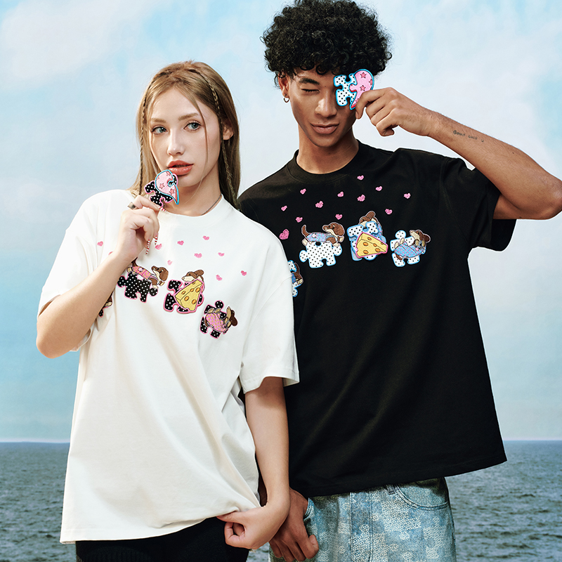 YADcrew亚德鲁拼图魔术贴夏季腊肠犬短袖男女百搭潮T恤