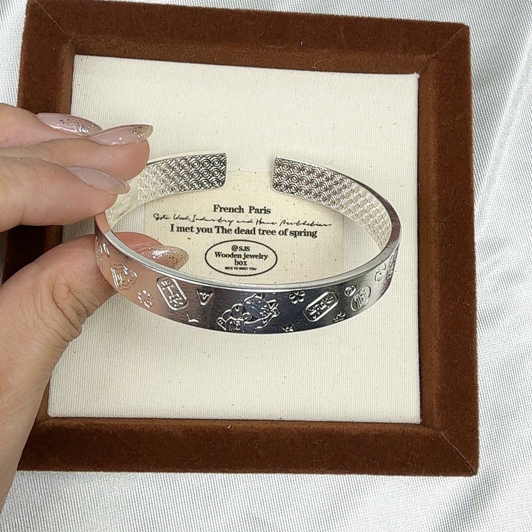 足银珐琅手镯 足银吉言手镯平安喜乐实心开口手镯国风复古风格女