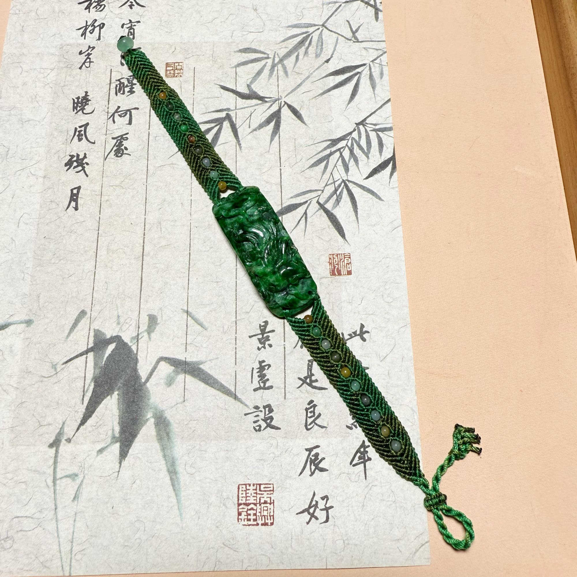 缅甸A货翡翠干青凤凰手链新中式手工编织