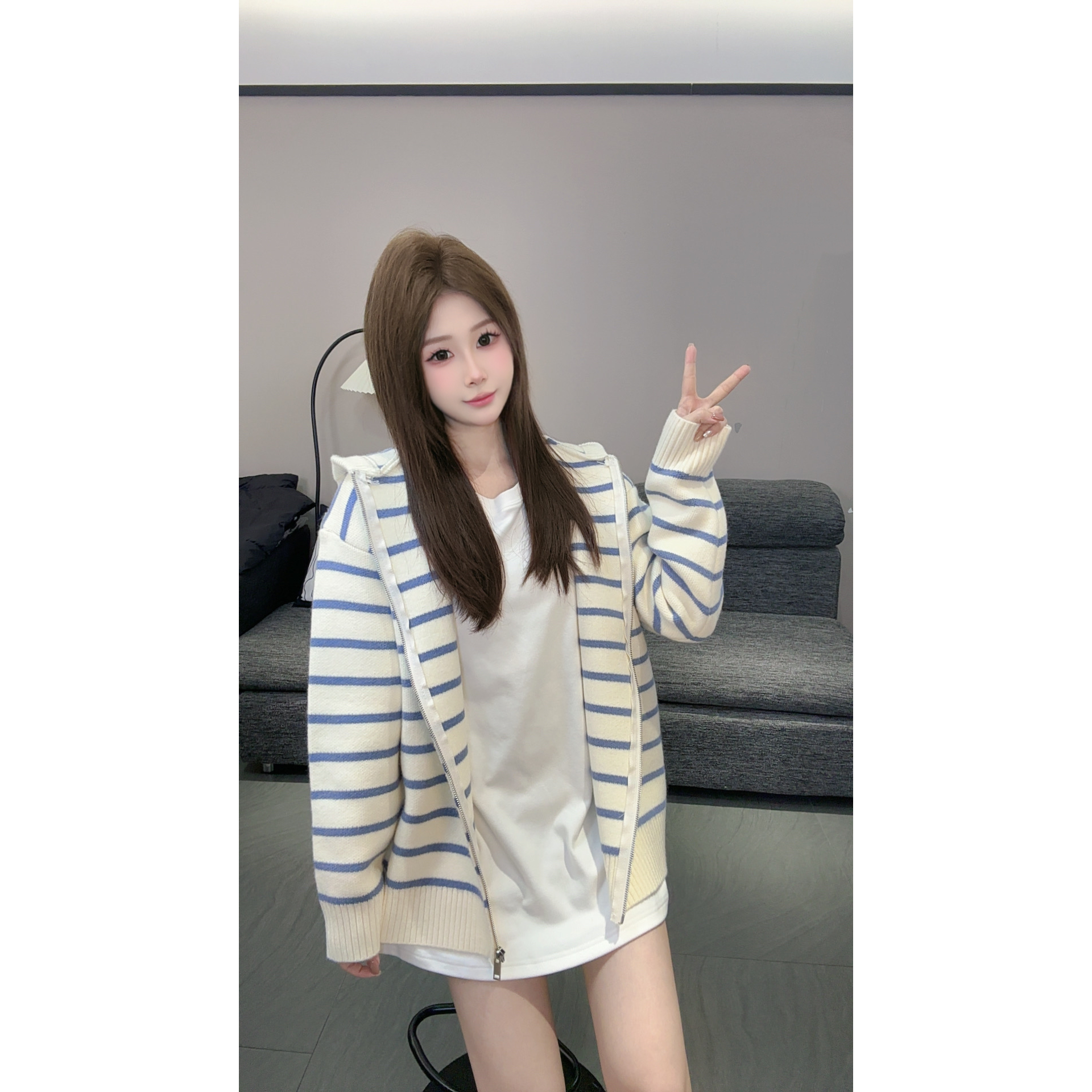 FAND依依【odbule】秋款情侣装加厚针织时尚拉链连帽开衫外套毛衣