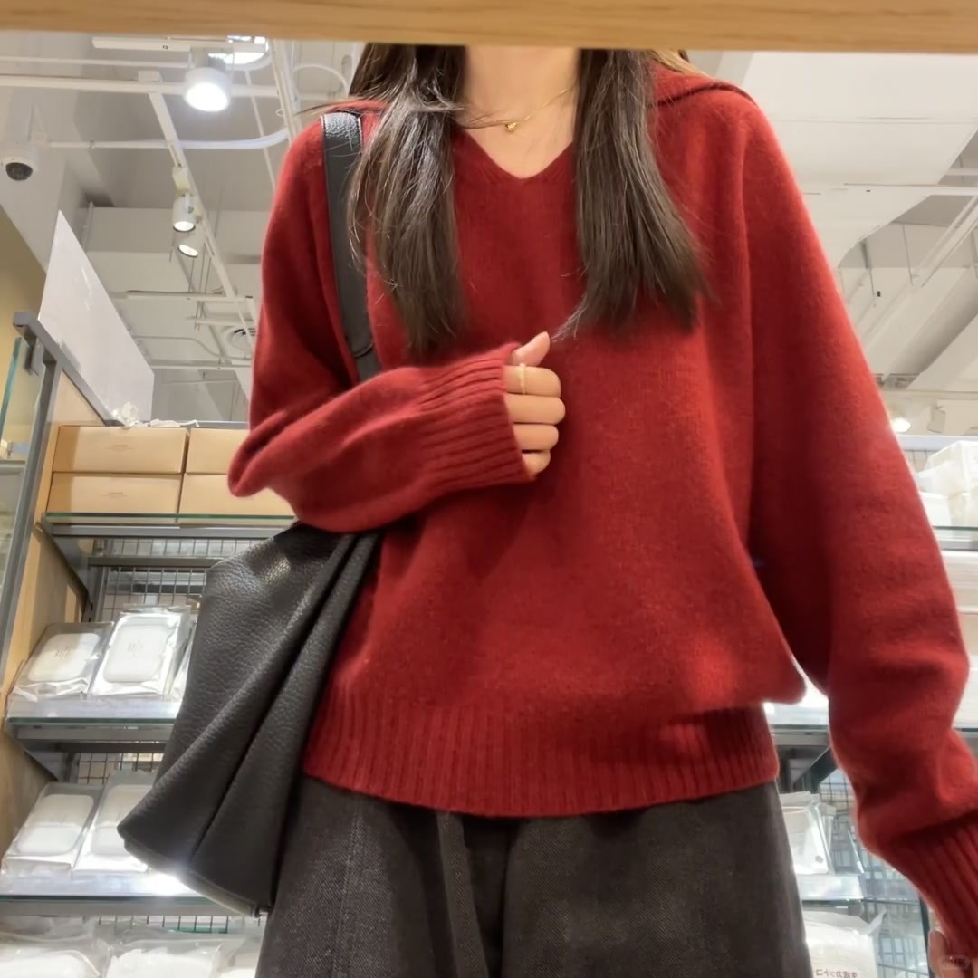 漂亮显白~圣诞红色毛衣女2025秋冬新款气质保暖翻领针织衫上衣ins