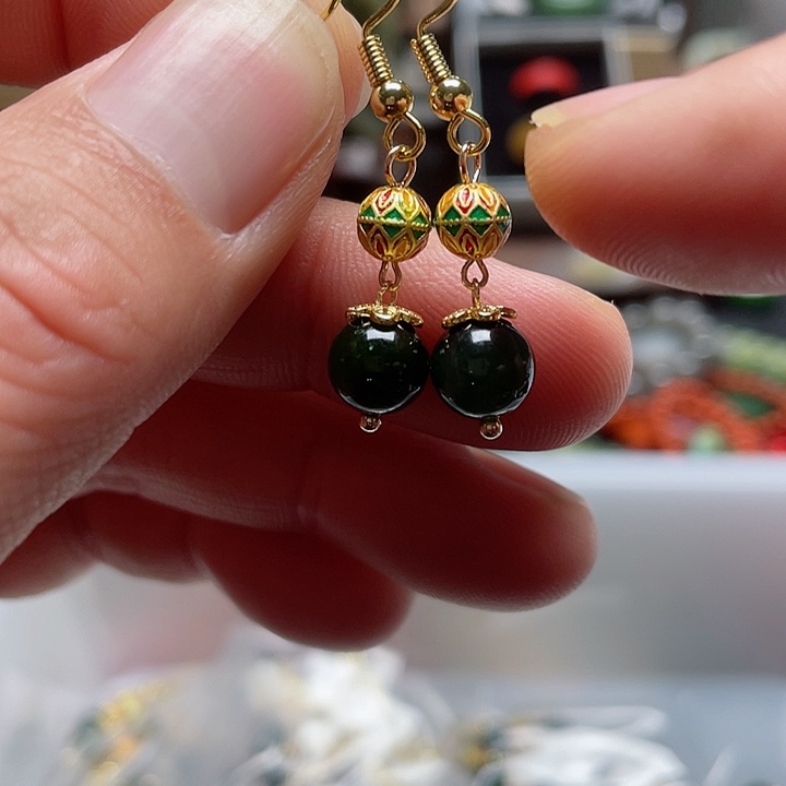 和田玉耳饰14K金镶嵌